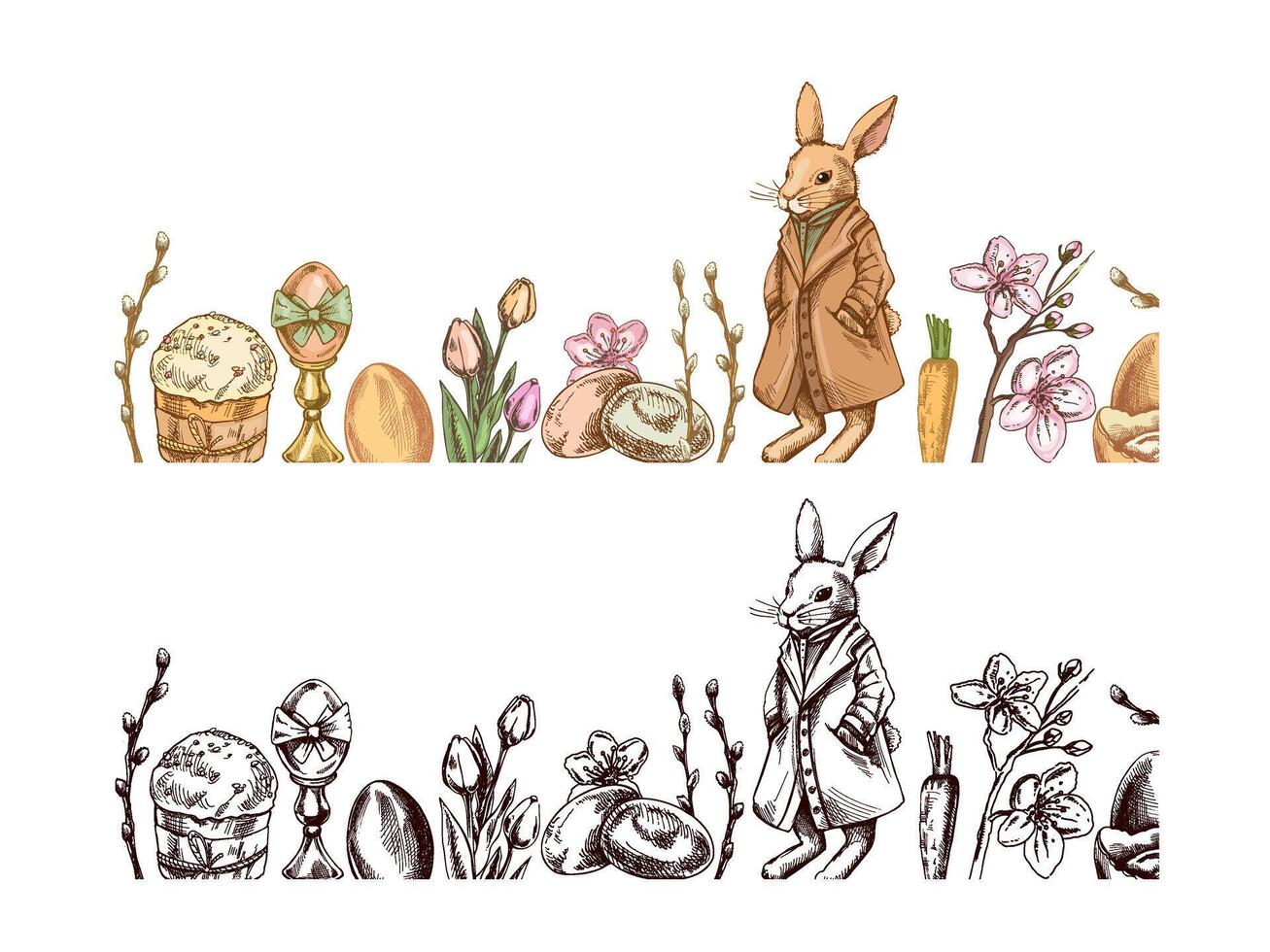 Hand drawn Vintage Easter border with elegant rabbit in coat, eggs, willow branches, flowers, and festive holiday elements vector