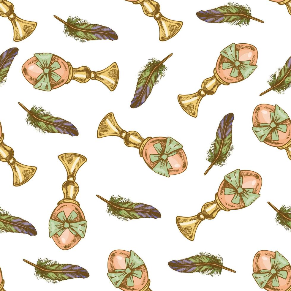 Hand drawn Seamless Easter Pattern with Decorative Eggs and Feathers in Vintage Sketch Style vector