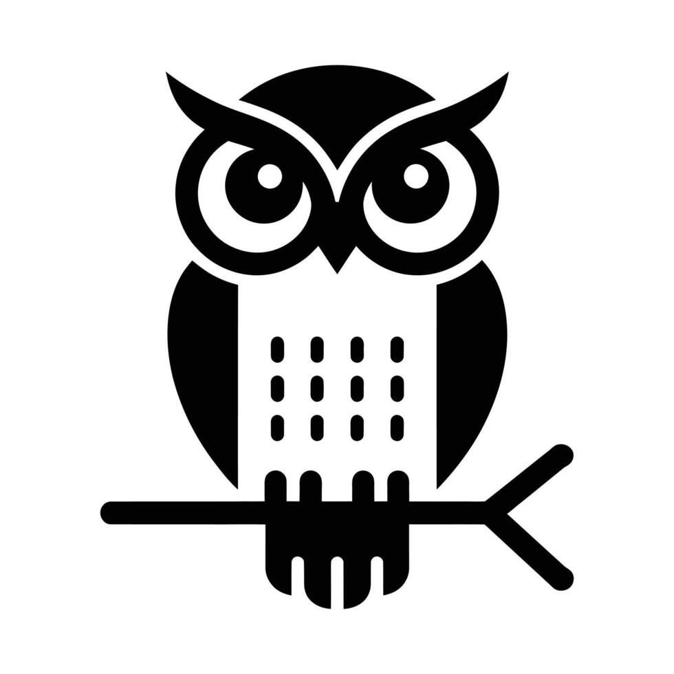 Simple black and white owl perched on a branch. vector