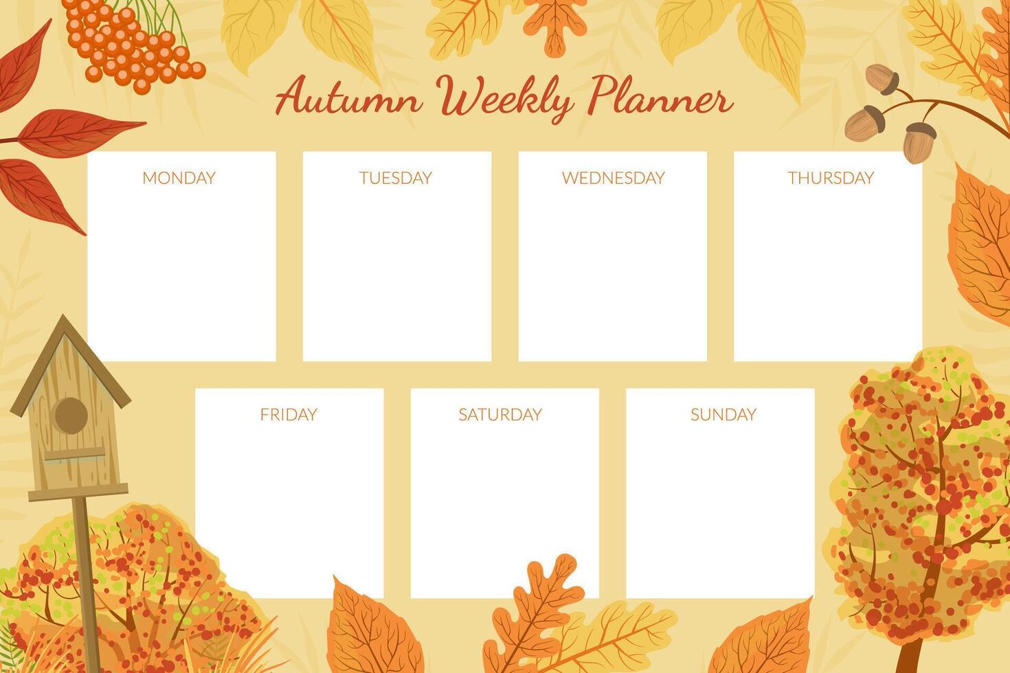 Autumn Weekly Planner Template, Week Calendar Schedule with Bright Autumnal Leaves Illustration vector