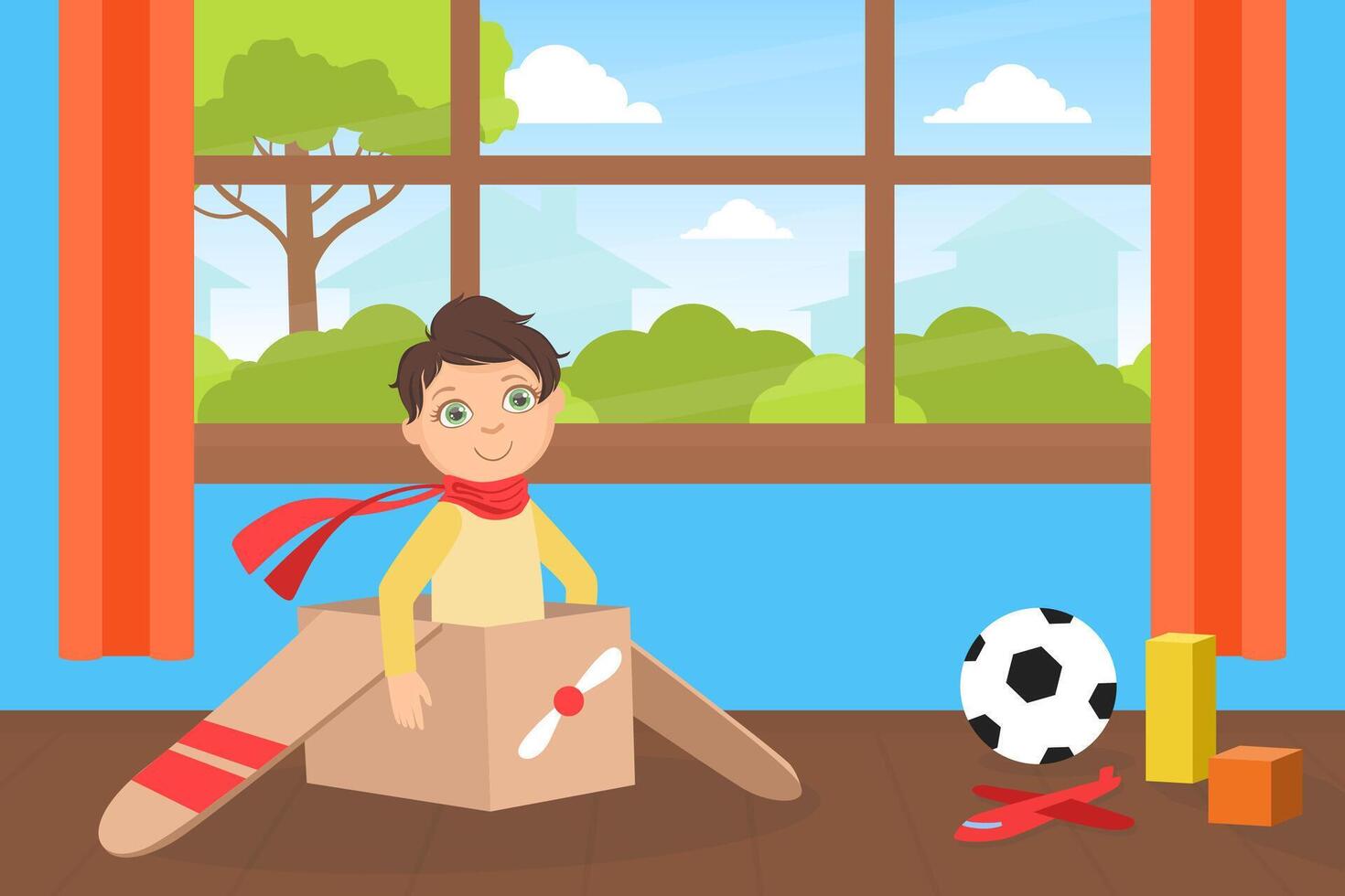 Cute Smiling Boy Playing with Cardboard Airplane in the Room Illustration vector