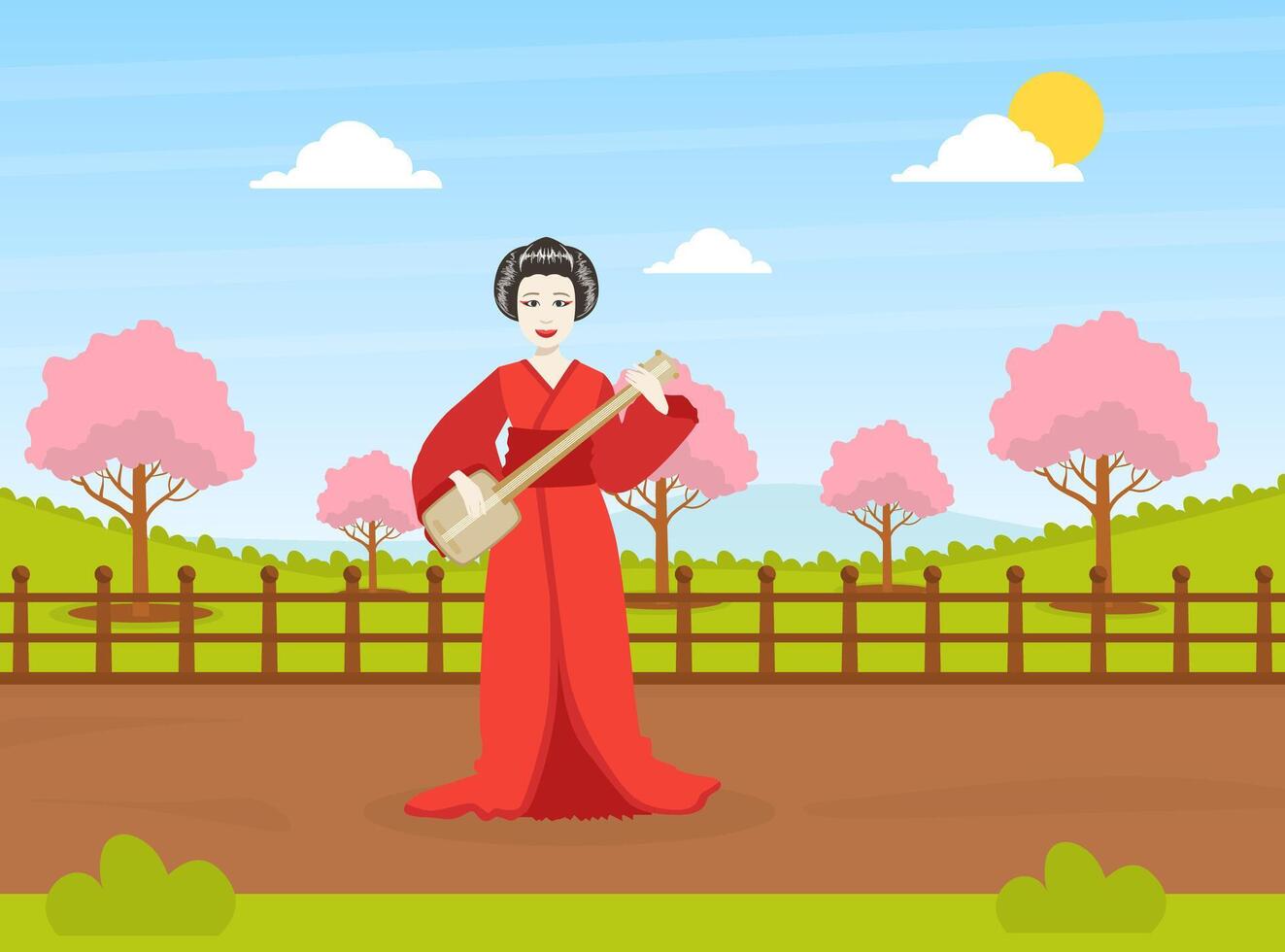 Japanese Girl in Traditional Kimono Dress Standing in Front of Beautiful Spring Jandscape Illustration vector