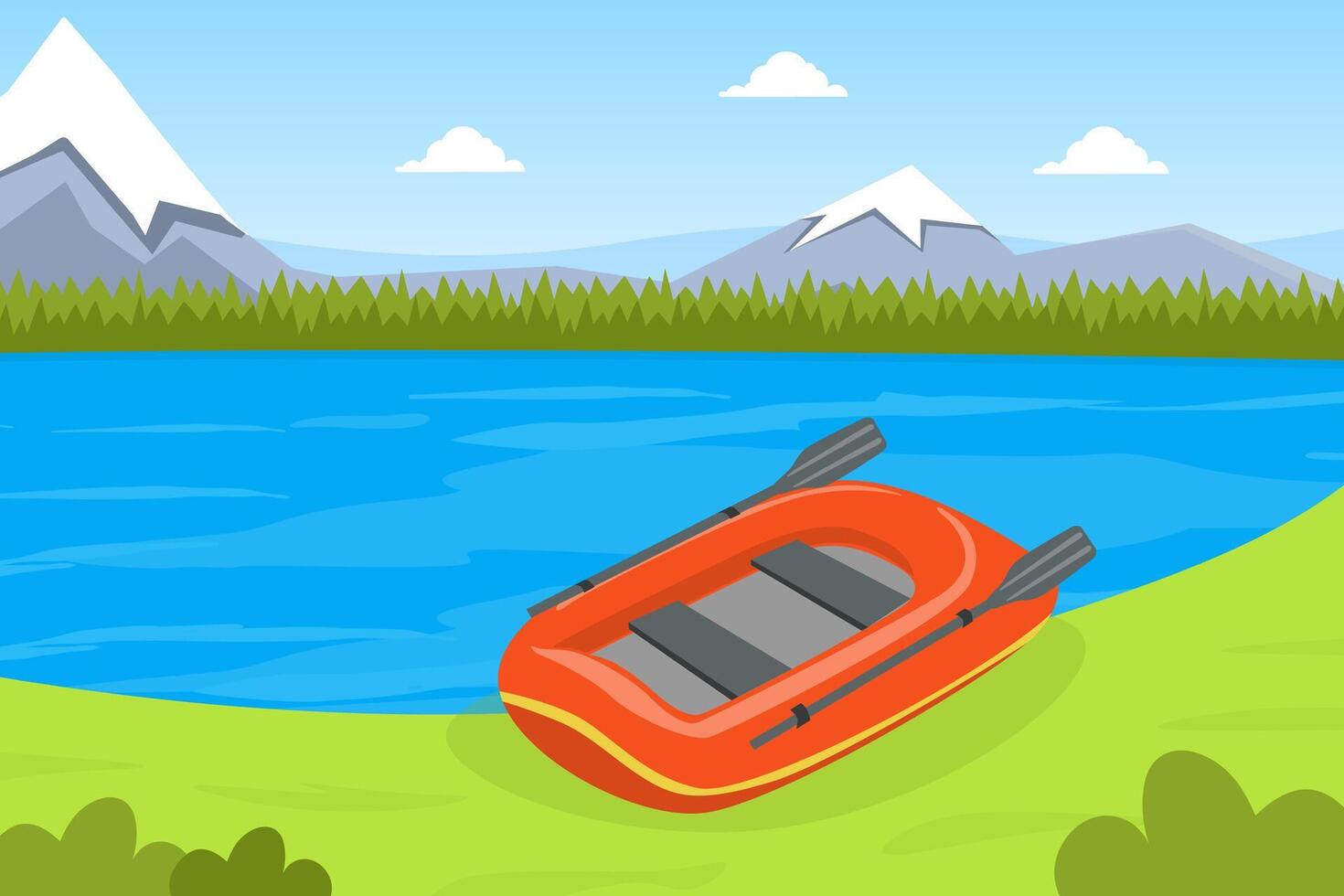 Inflatable Boat on Bank of River or Lake, Beautiful Summer Mountain Landscape Illustration vector