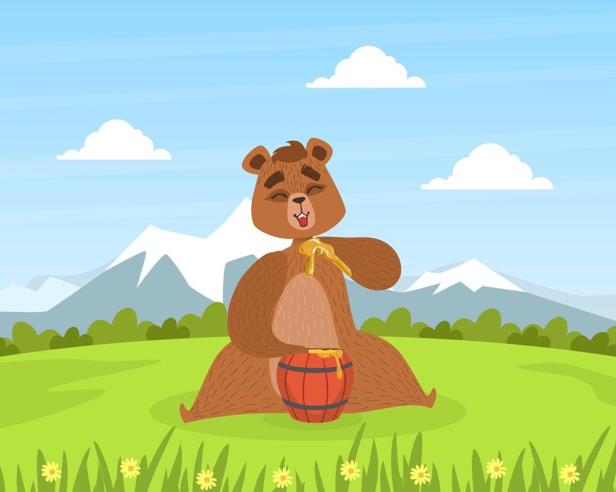 Brown Bear Sitting on Green Lawn and Eating Honey, Cute Wild Animal with Wooden Barrel Sitting on Summer Mountain Landscape Illustration vector