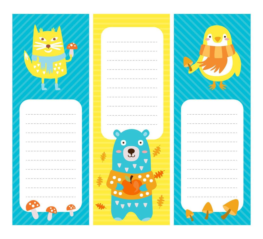 Kids Planner with Cute Wild Animals, Paper for Notes, Notebook Design Elements Illustration vector