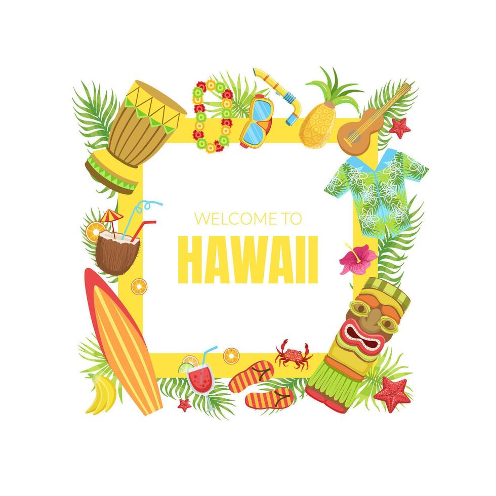 Hawaii Travel Banner Template with Travelling Symbols of Square Frame Illustration vector