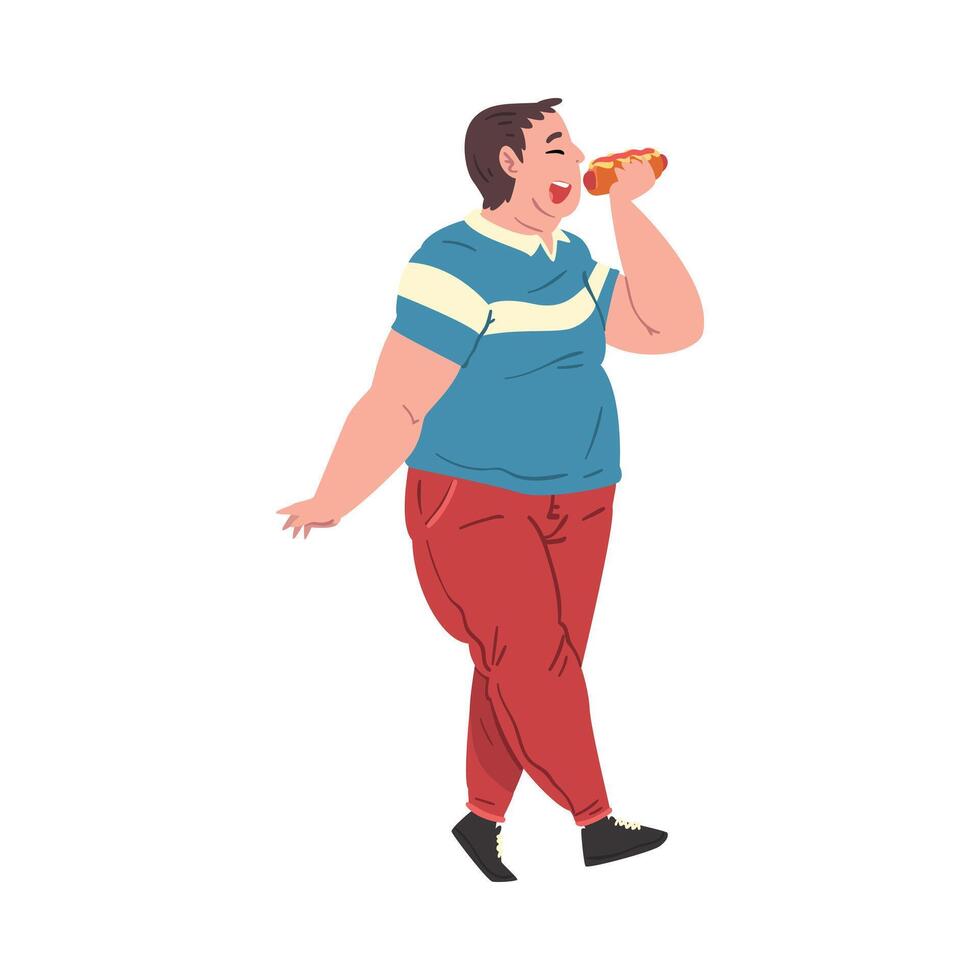Cheerful Fat Man Eating Hotdog, Obese Guy Enjoying of Fast Food Dish while Walking, Unhealthy Diet and Lifestyle Illustration vector