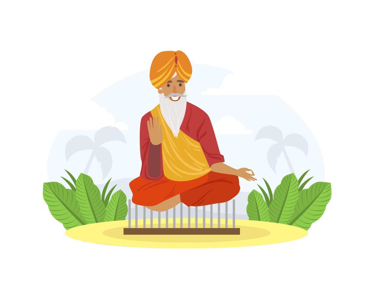 Indian Yogi Sitting on Board with Nails in Lotus Position Illustration vector