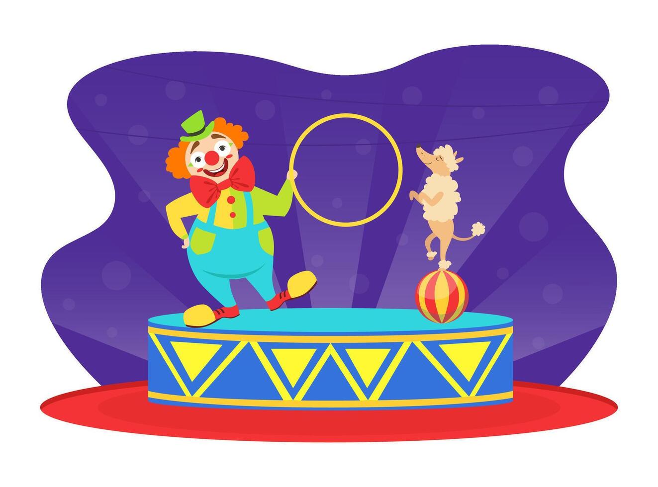 Cute Funny Clown Performing on Stage with Poodle Dog Jumping through Hoop Illustration vector