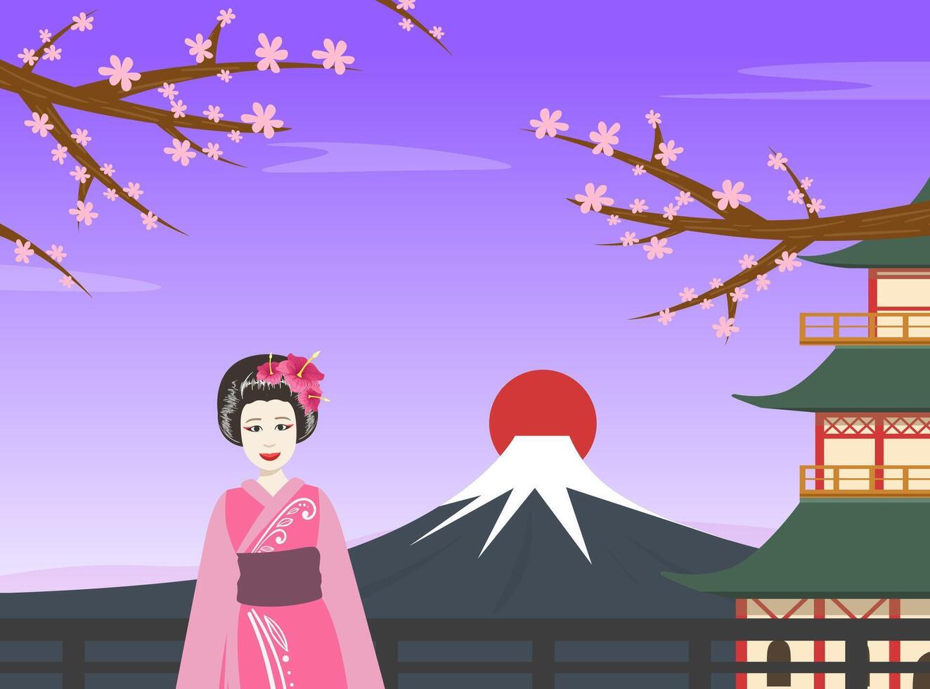 Japanese Girl in Traditional Kimono Dress Standing in Front of Fuji Mountain at Sunrise Illustration vector