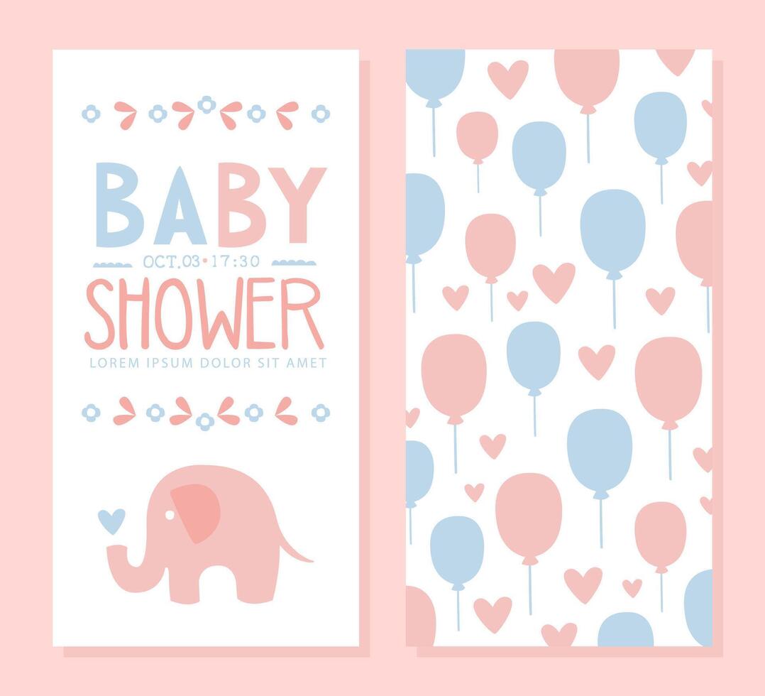 Baby Shower Invitation Card Template, Front and Back Side, Lovely Elephant and Balloons, Baby Arrival Banner, Poster Illustration vector
