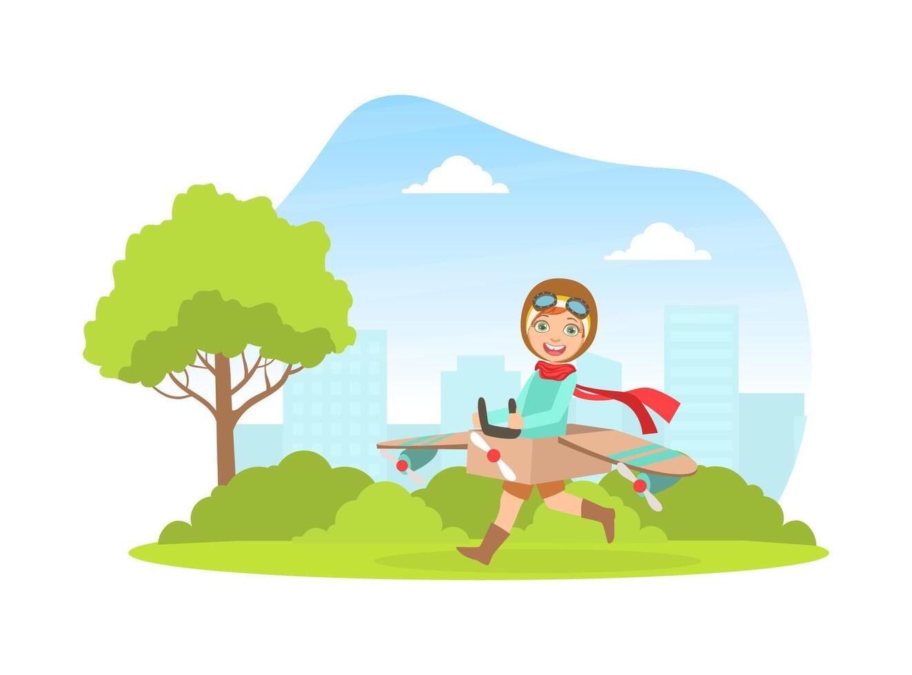 Cute Happy Kid in Retro Leather Flight Helmet Running with Cardboard Airplane, Child Dreaming of Becoming Aviator Illustration vector