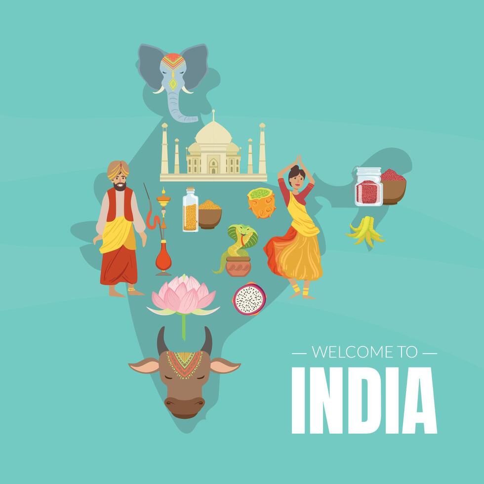 Welcome to India Banner Template with Indian Map and Traditional Cultural Symbols Illustration vector