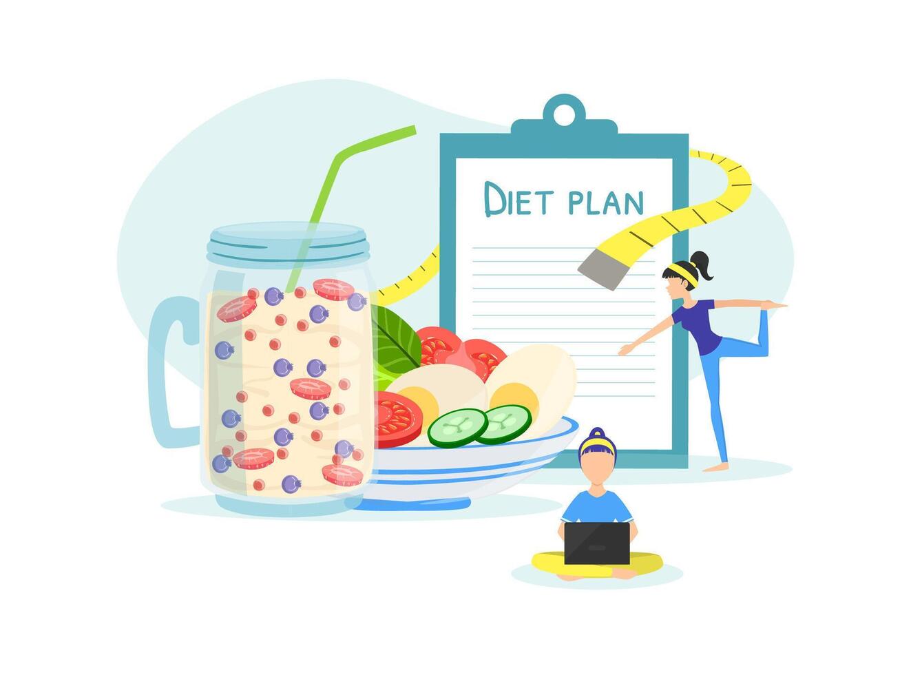 Healthy Lifestyle, Tiny People Doing Sports Exercises, Maintaining Weight with Balanced Diet, Healthy Habits, Fitness Training, Dietary Nutrition Flat Illustration vector