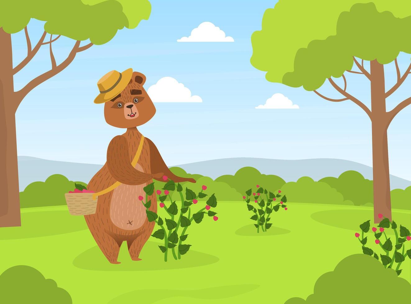 Cute Brown Bear in Straw Hat Collecting Raspberries from Bush into Wicker Basket on Summer Landscape Illustration vector
