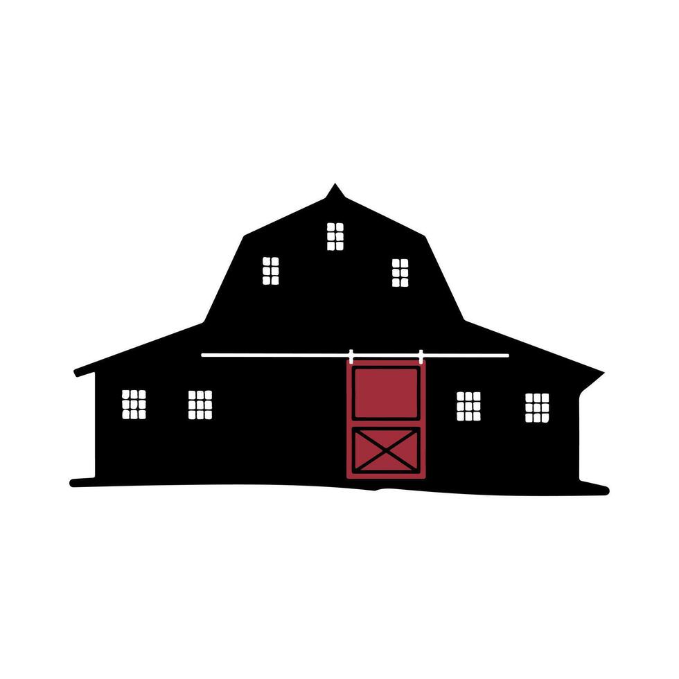 a black barn with a red door and windows vector