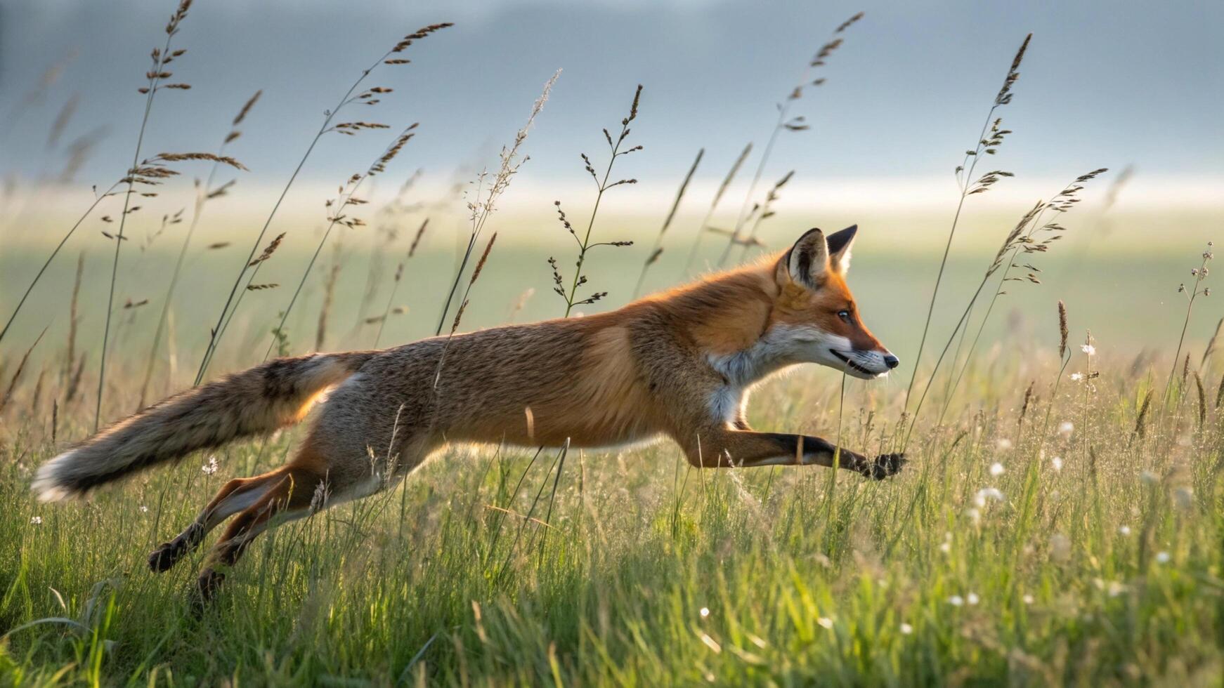 A fox running through tall grass in a field photo