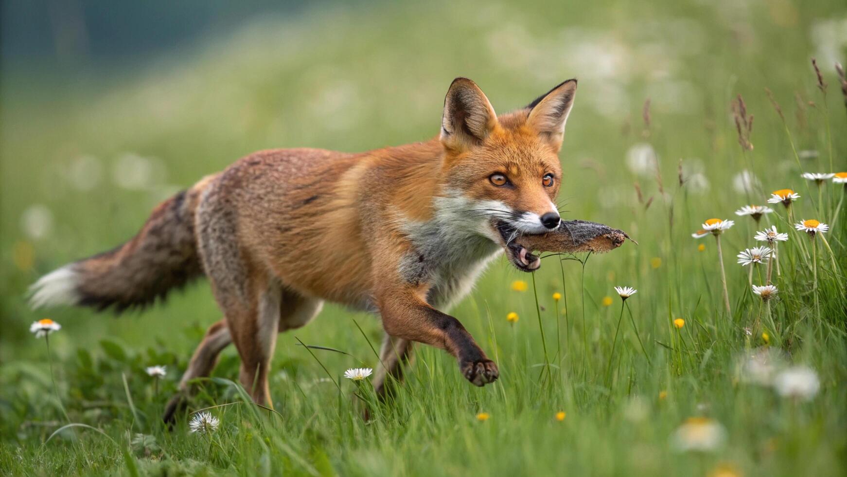 A fox carrying a fish in its mouth photo