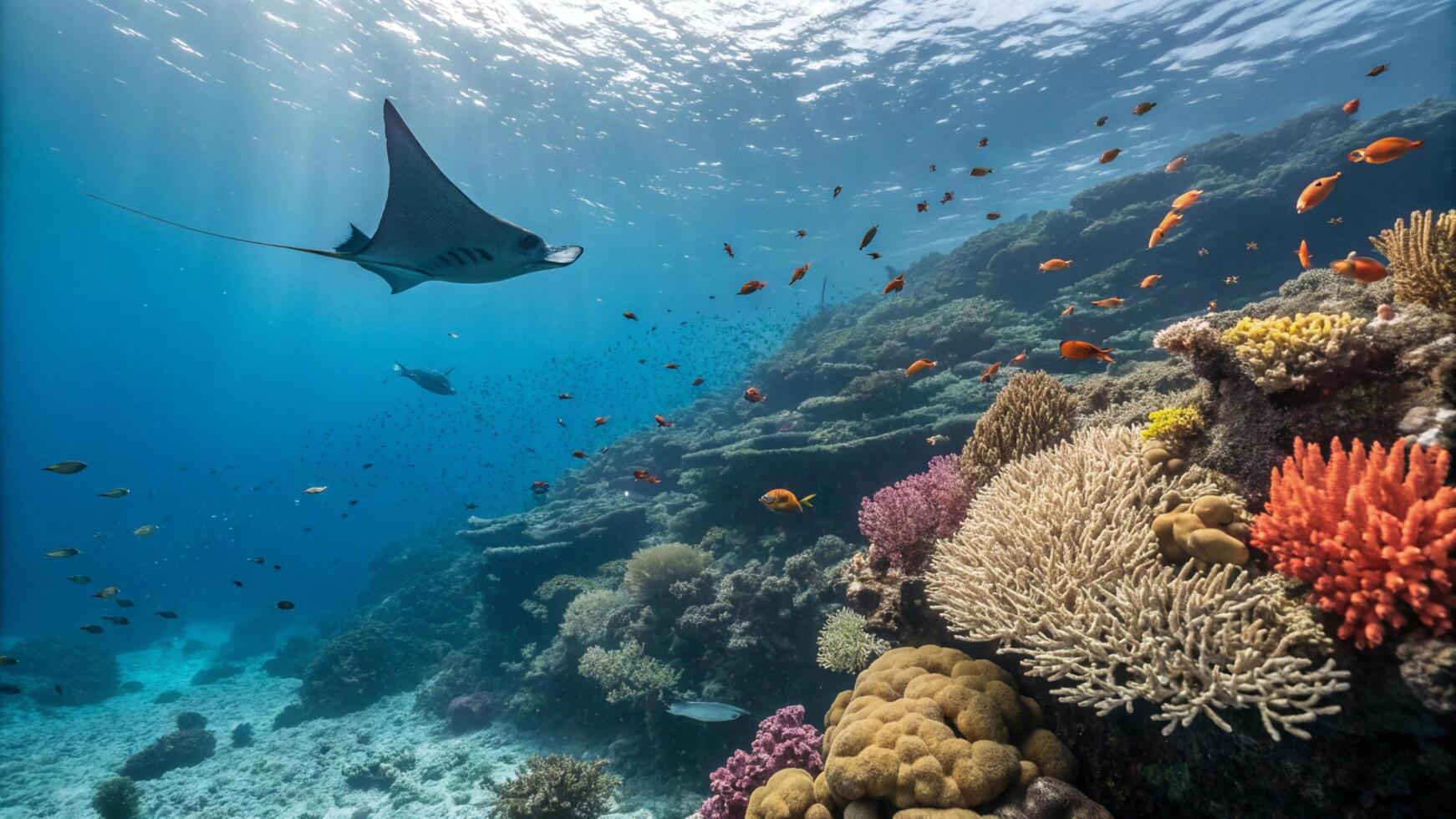 A manta ray swims over a coral reef with fish and corals photo