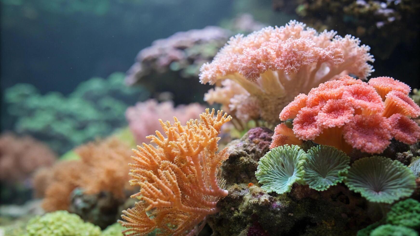 An aquarium with many different types of coral photo