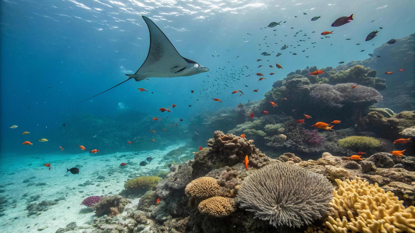 A manta ray swims over a coral reef photo