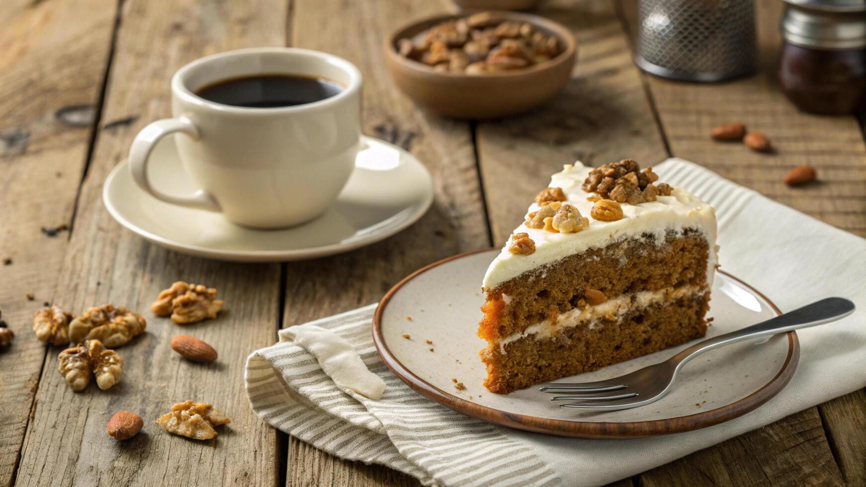 A slice of carrot cake on a plate with a cup of coffee photo