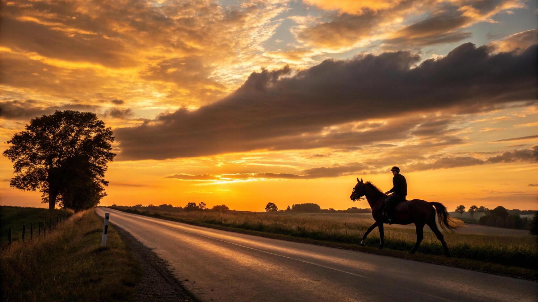 A man riding a horse on a country road at sunset photo