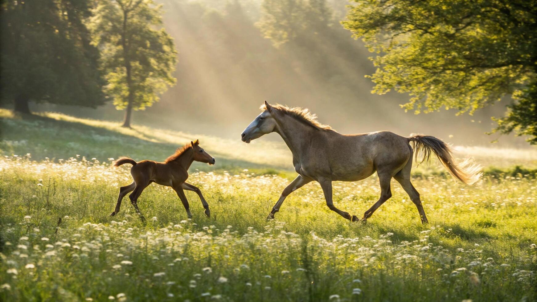A horse and its foal running through a field photo