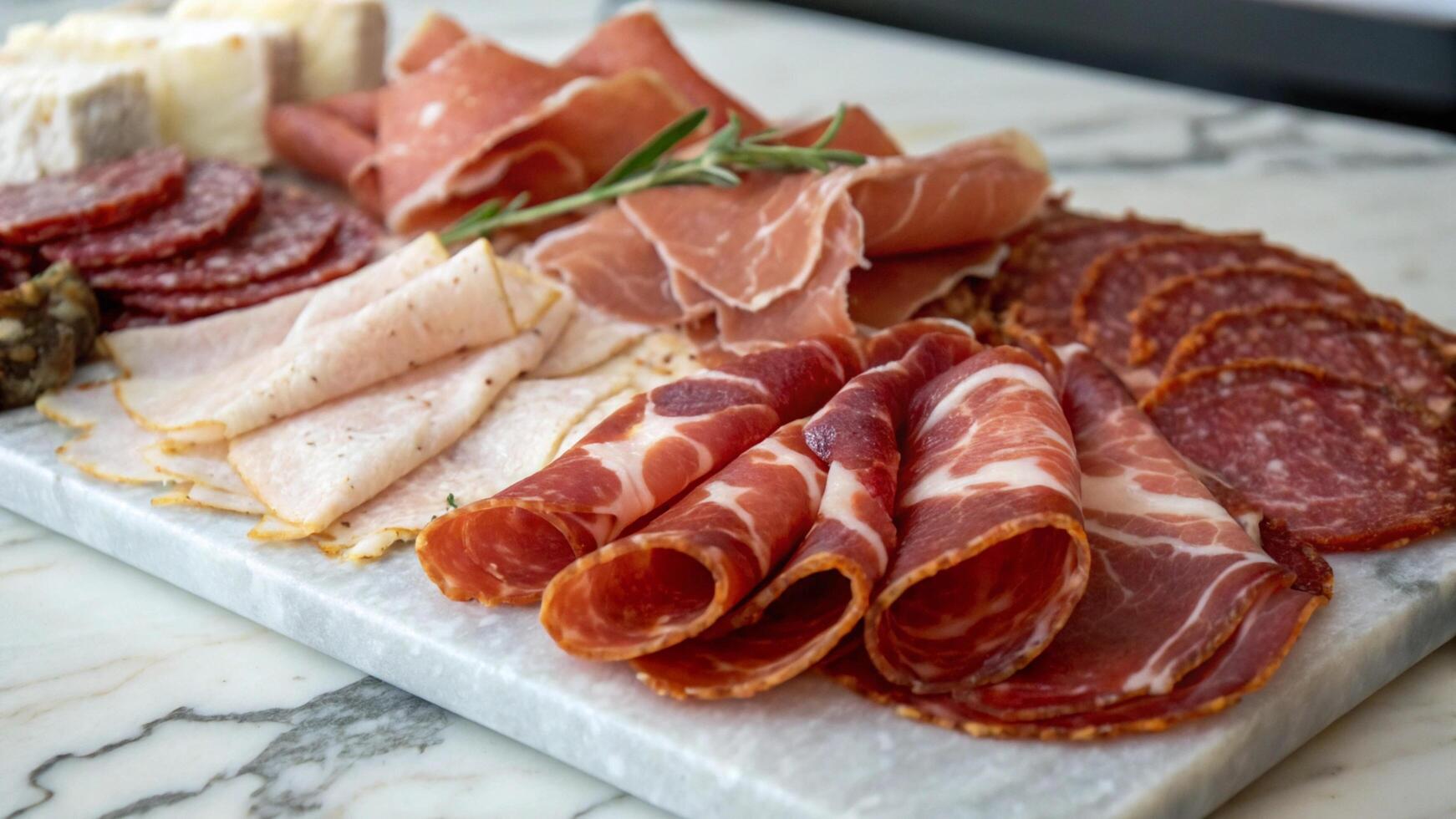 A platter of meat and cheese on a marble counter photo
