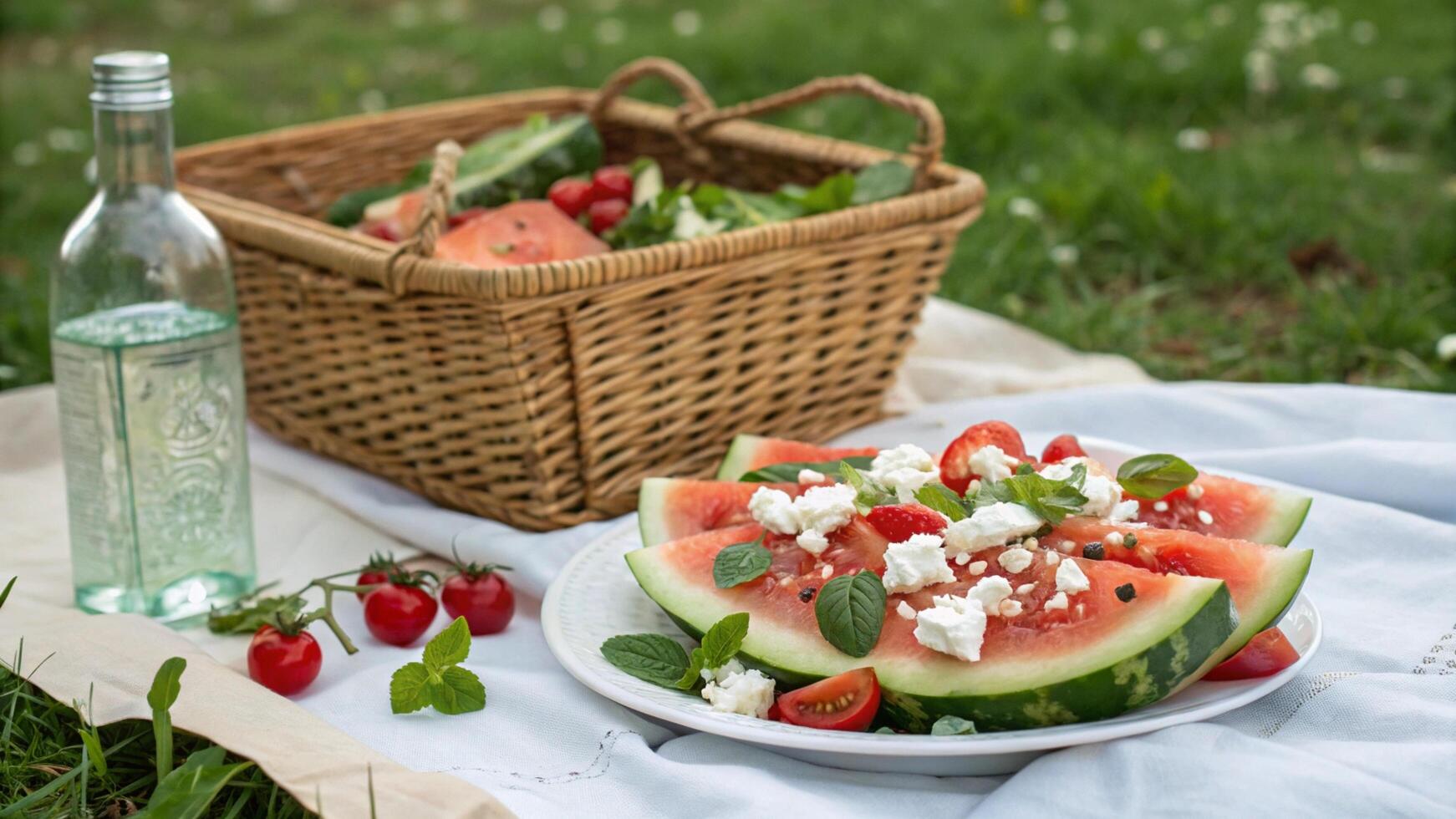 Watermelon salad with feta cheese and tomatoes on a picnic basket photo