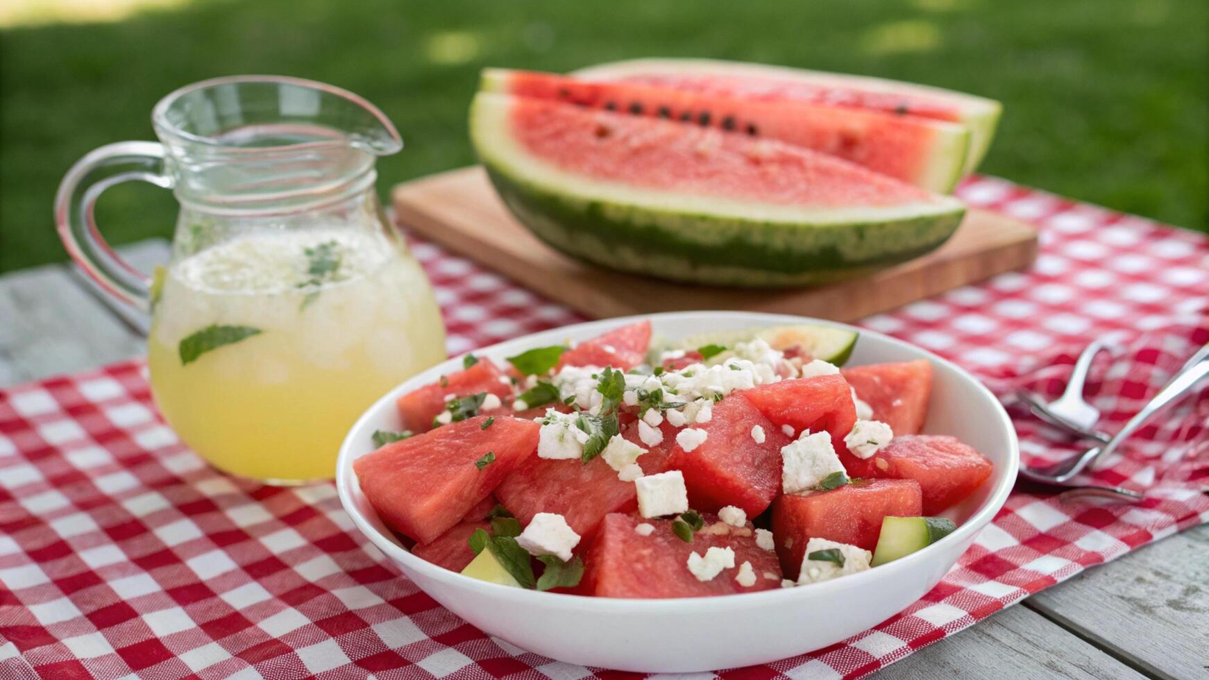 A bowl of watermelon salad with feta cheese and cucumbers photo