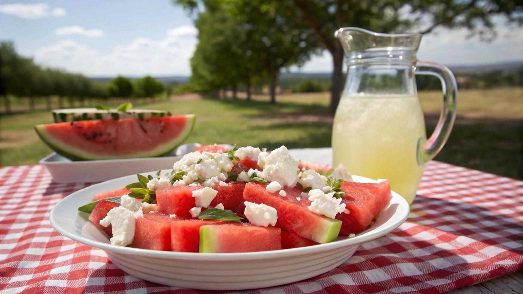 A bowl of watermelon salad with feta cheese and a pitcher of lemonade photo