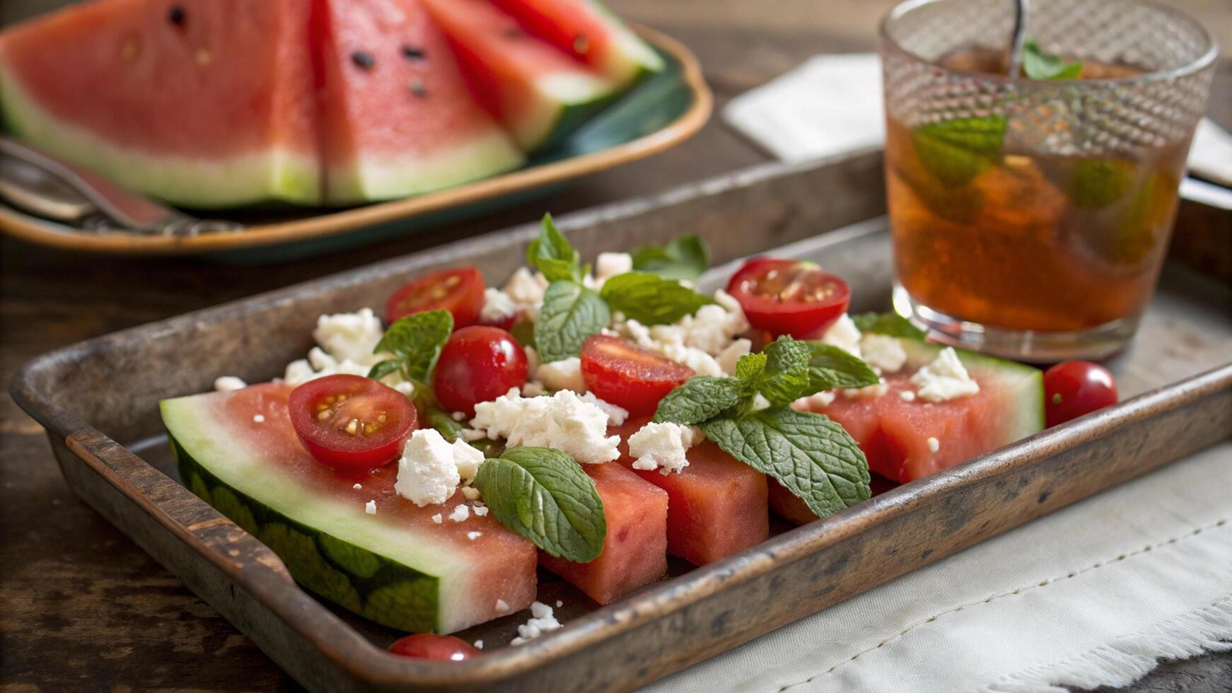 A tray of watermelon, feta cheese and mint photo