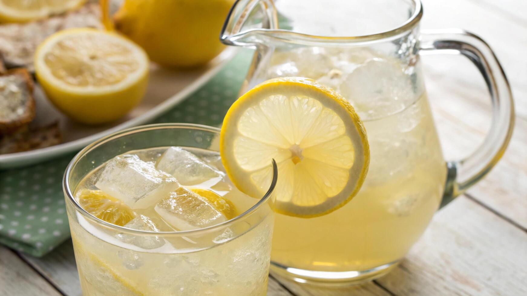 A pitcher of lemonade and a glass of lemonade photo