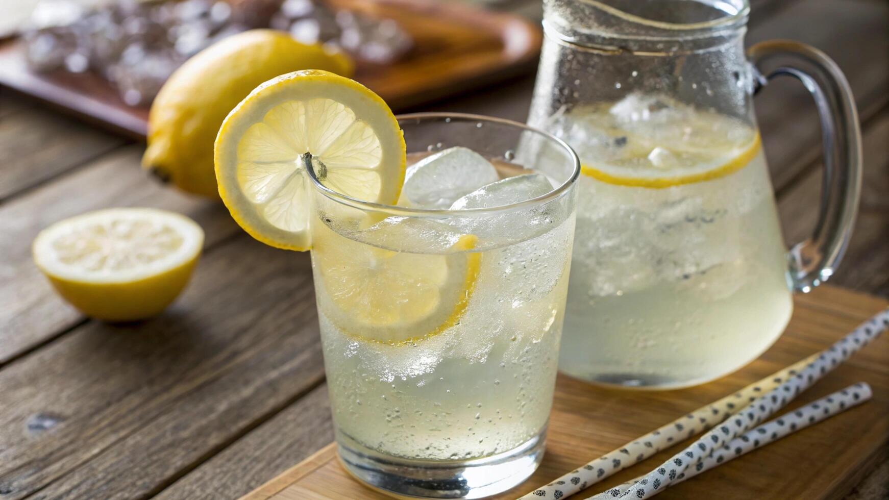 A pitcher of lemonade with ice and a slice of lemon photo