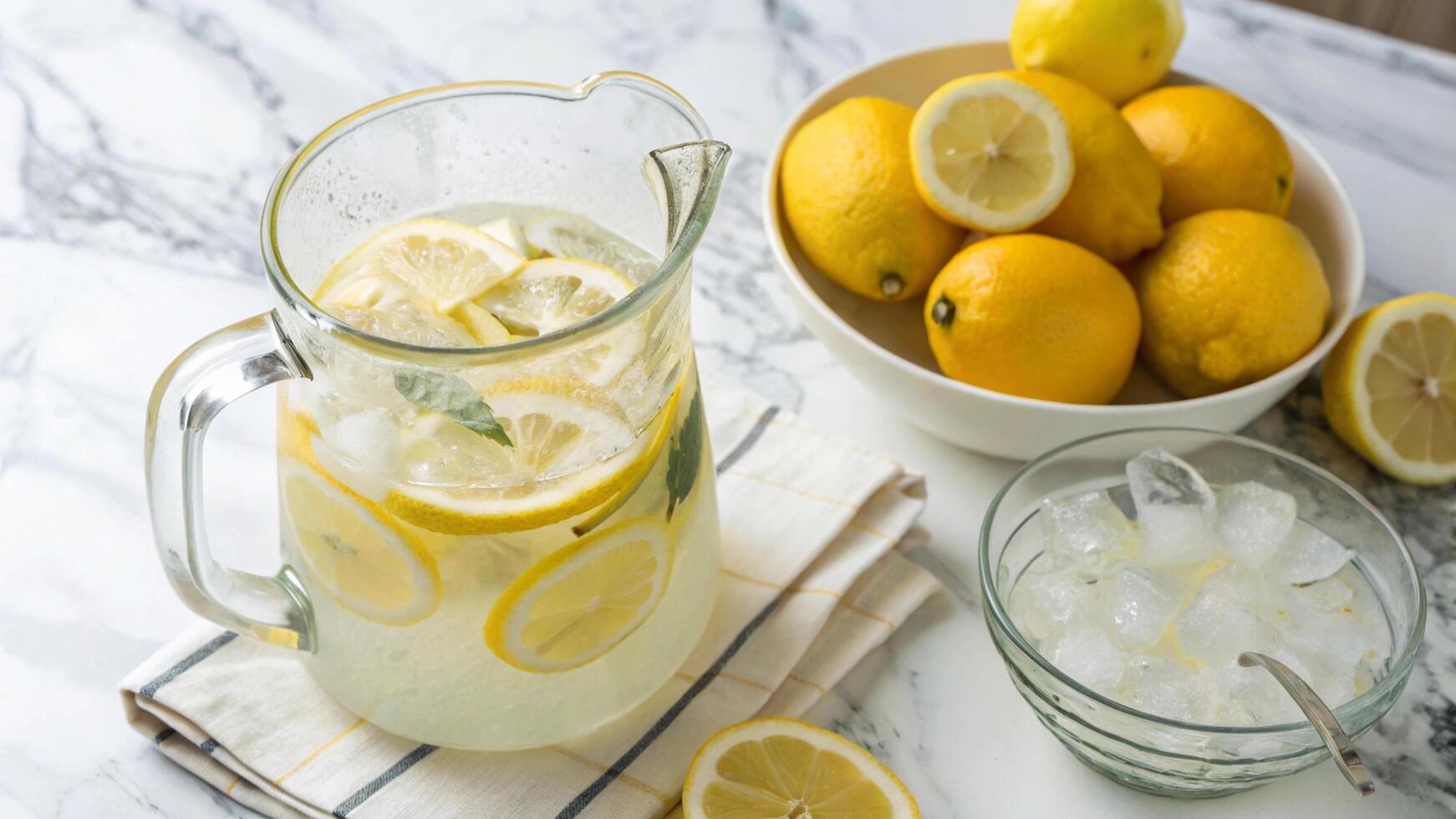 A pitcher of lemonade with lemons and ice photo