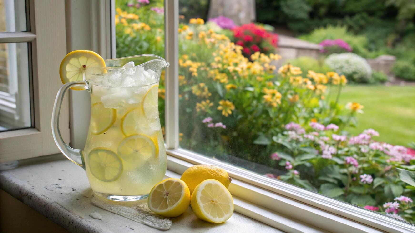 A pitcher of lemonade sits on a window sill photo