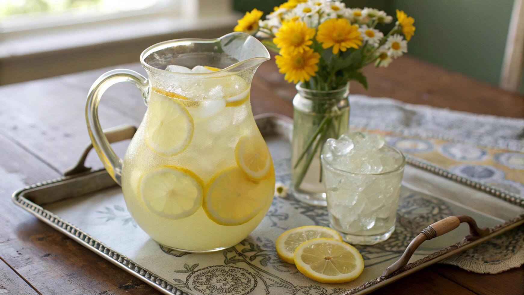 A pitcher of lemonade on a tray with flowers photo