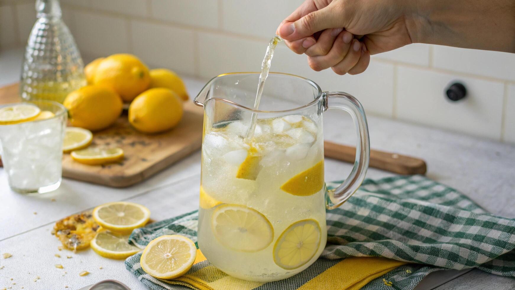 A person pours lemonade into a pitcher photo