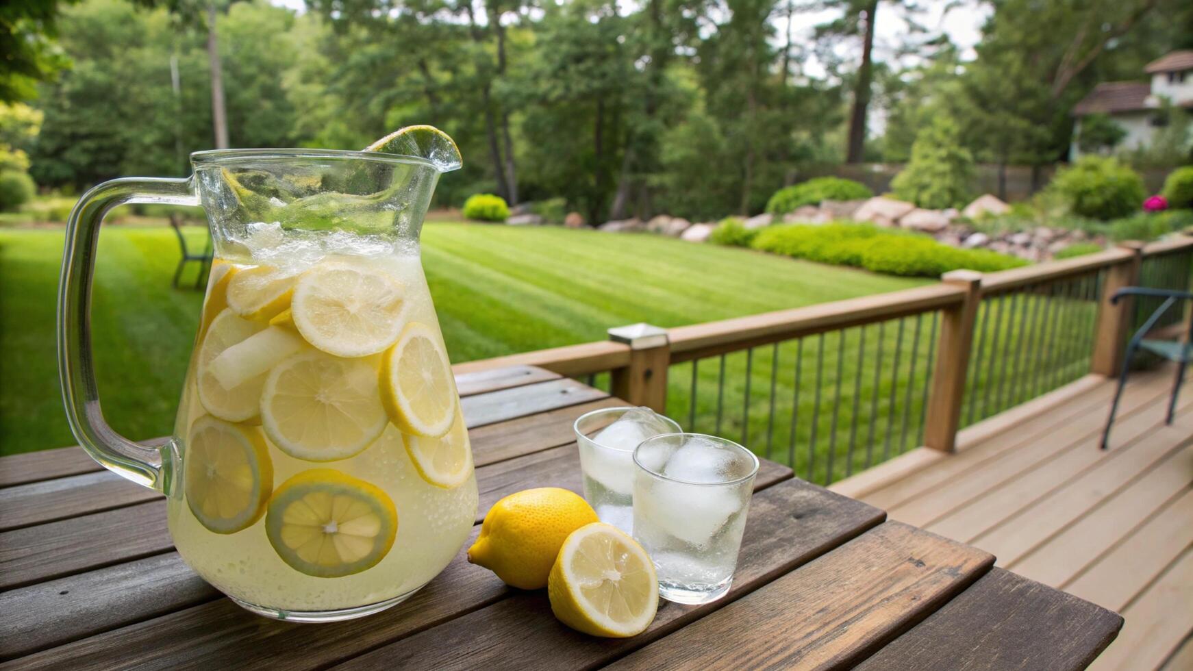 A pitcher of lemonade on a wooden table photo