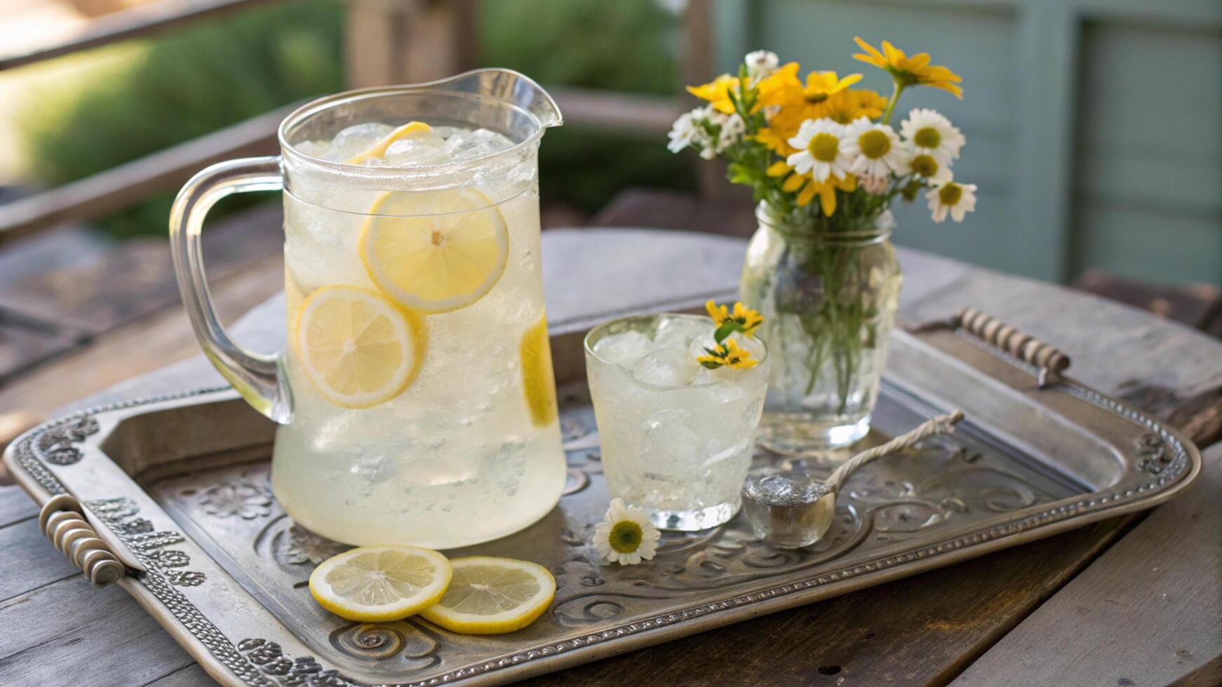 A pitcher of lemonade and flowers on a tray photo