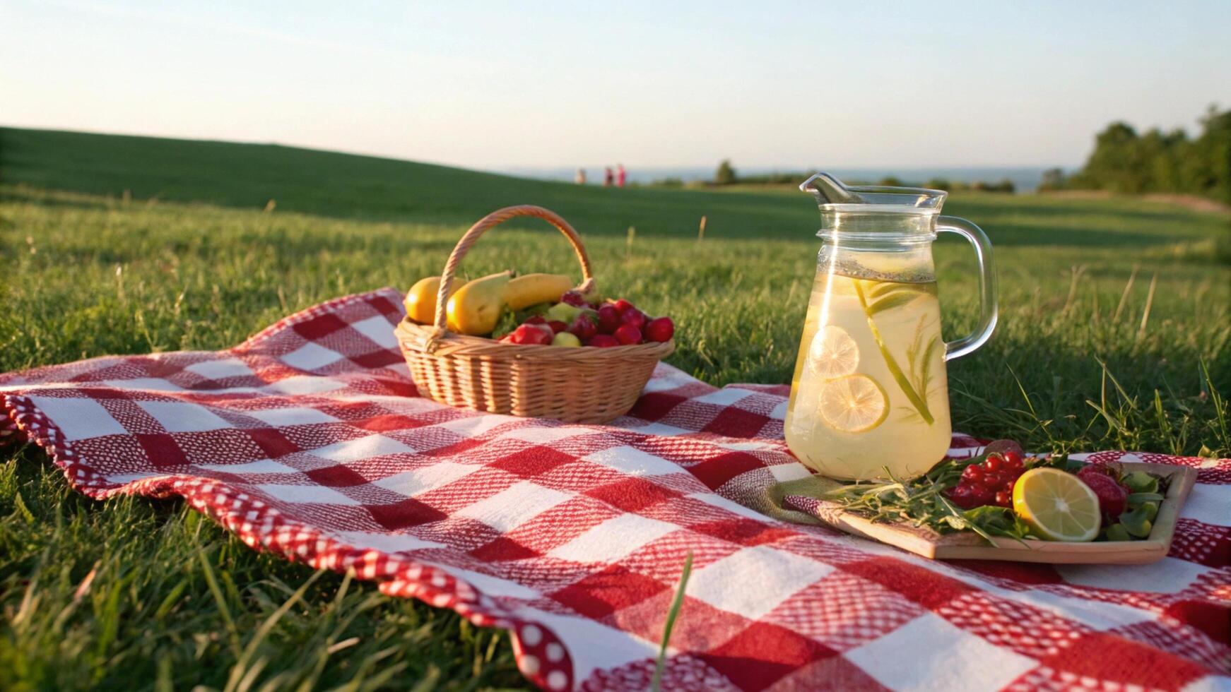 A picnic basket with fruit and a pitcher of lemonade sits on a red and white chec photo