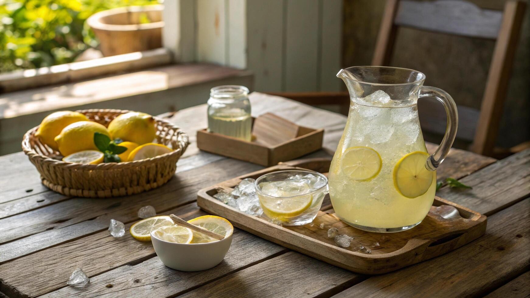 Lemonade on wooden table with pitcher and lemons photo