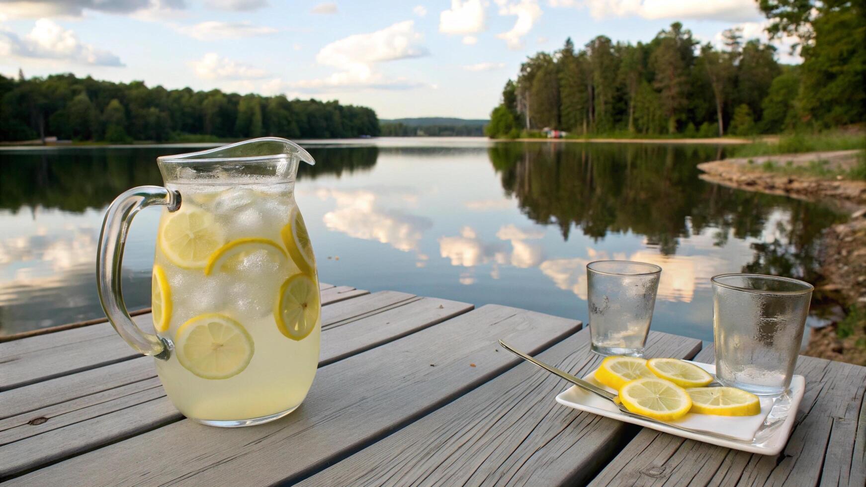 A pitcher of lemonade and glasses on a table next to a lake photo