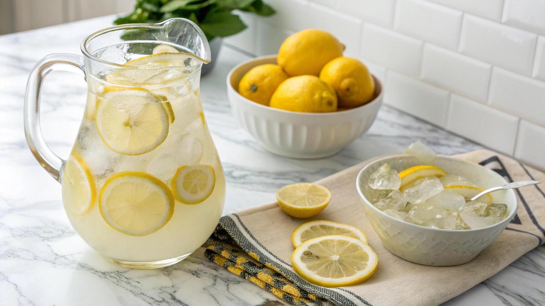 A pitcher of lemonade and a bowl of lemons photo