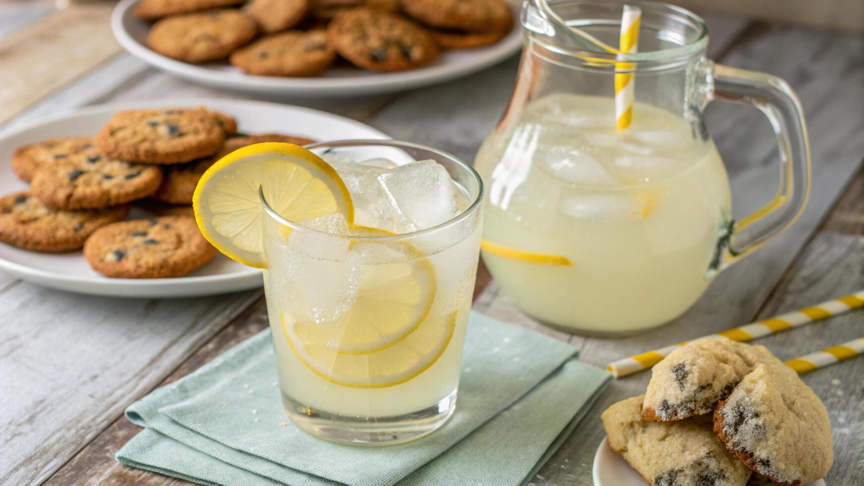 Lemonade with cookies and lemon slices photo