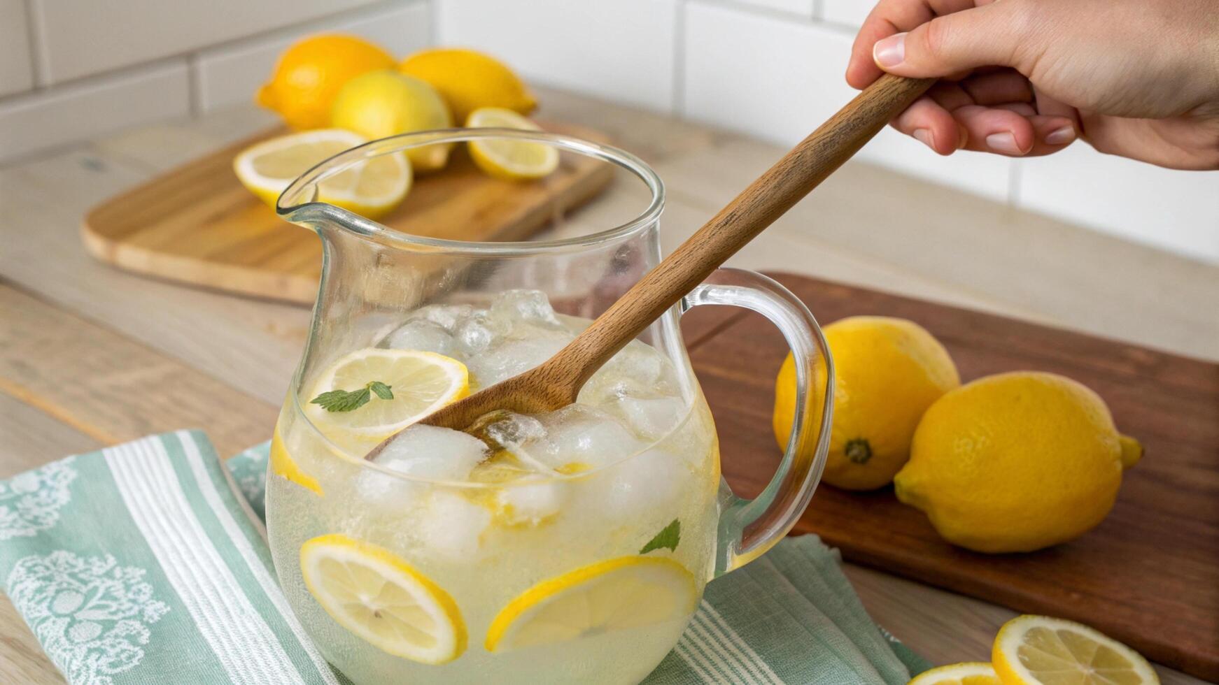 A pitcher filled with lemonade and a wooden spoon photo