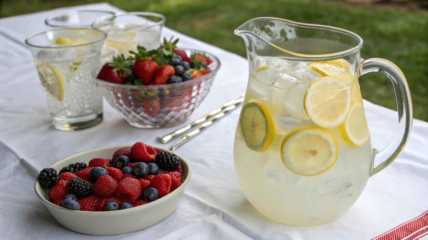A pitcher of lemonade and a bowl of berries photo