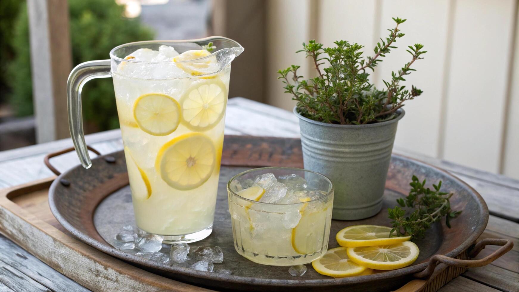 A pitcher of lemonade and a glass of lemonade on a tray photo