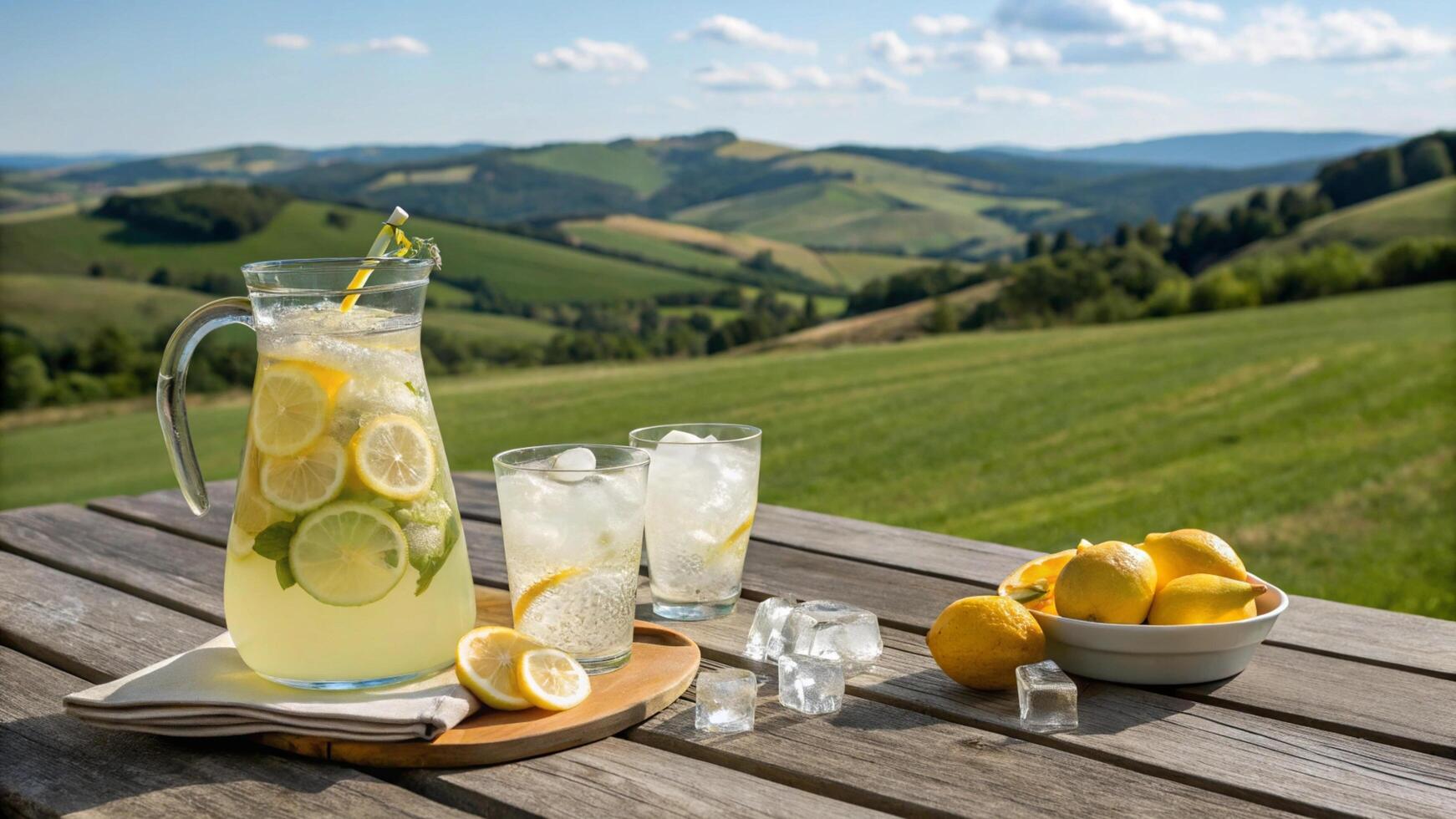 Lemonade with ice and lemons on a wooden table photo